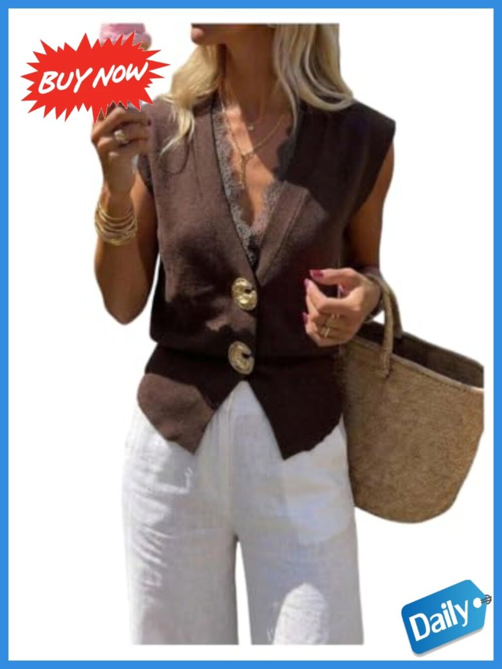 Lace Trim Sleeveless Knit Sweater Vest Button Front Cinched Waist